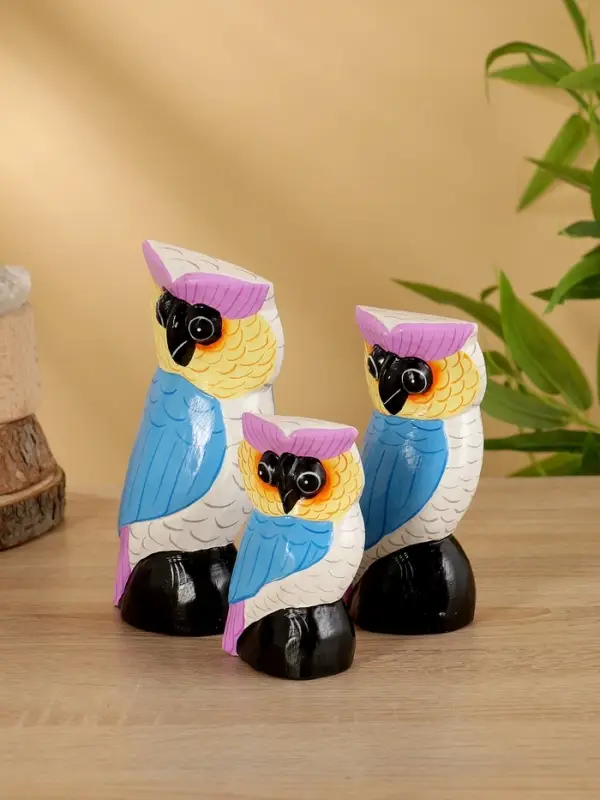 Набор сувенирный «Совы», h=18 см, h=14.5 см, h=11 см, дерево, бело-синий
