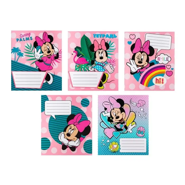 Тетрадь в клетку 12 листов, 5 видов МИКС, обложка мелованный картон, &laquo;Минни Маус&raquo;