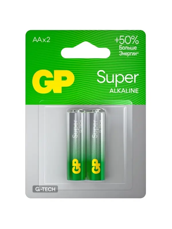 Батарейка алкалиновая GP Super, AA, LR6-2BL, 1.5 В, блистер, 2 шт.