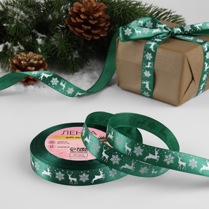 Новый год! Лента атласная «Олени», 15 мм, 23 ± 1 м, цвет зелёный №56 Новый год! Лента атласная «Олени», 15 мм, 23 ± 1 м, цвет зелёный №56