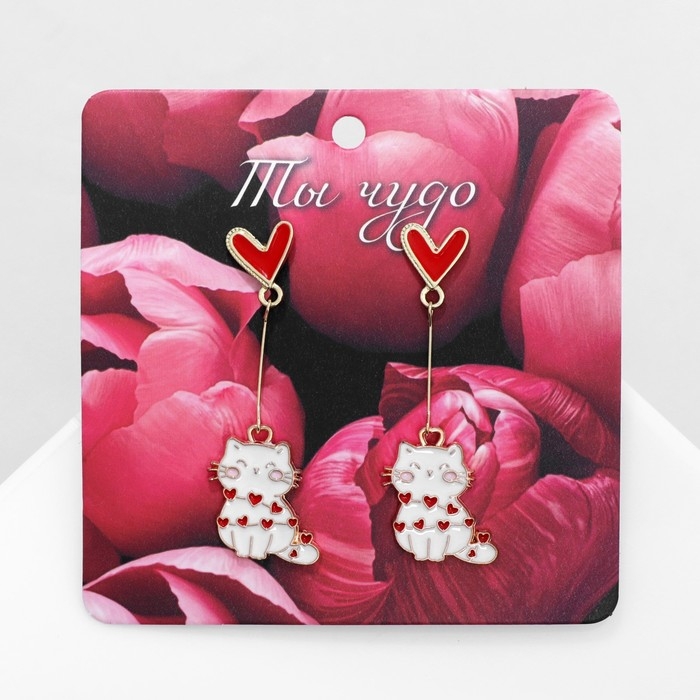 Серьги эмаль «Котики» любовь, сердечки, цвет бело-красный в золоте Серьги эмаль «Котики» любовь, сердечки, цвет бело-красный в золоте