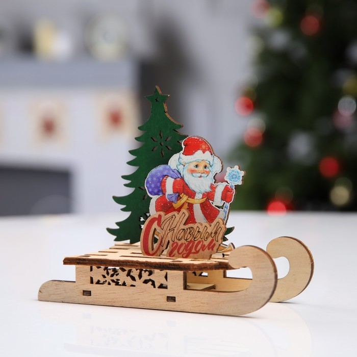 Светодиодная фигура «Сани с Дедом Морозом» 15.5 × 12 × 5.5 см, дерево, батарейки LR1130х3 (в комплекте), свечение тёплое белое