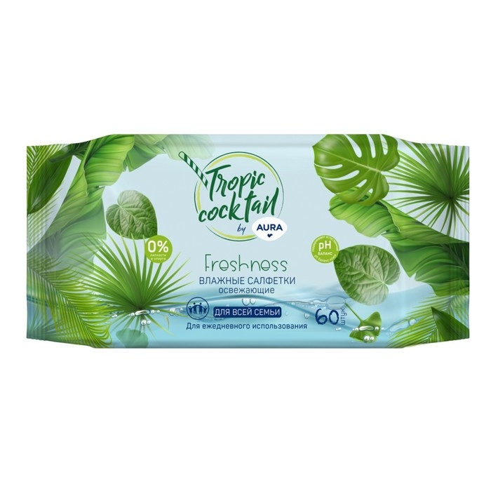 Влажные салфетки Aura Tropic Cocktail, освежающие, МИКС, 60 шт Влажные салфетки Aura Tropic Cocktail, освежающие, МИКС, 60 шт