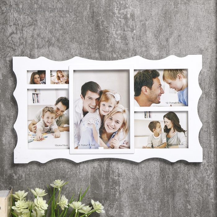 Фоторамка пластик на 6 фото 4х5, 9х13, 10х15, 13х18 см  Фоторамка пластик на 6 фото 4х5, 9х13, 10х15, 13х18 см "Узорная" белая 23х40,5х2 см