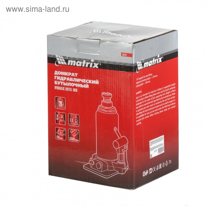 Домкрат гидравлический MATRIX 50778, бутылочный, 20 т, высота подъема 244-449 мм Домкрат гидравлический MATRIX 50778, бутылочный, 20 т, высота подъема 244-449 мм