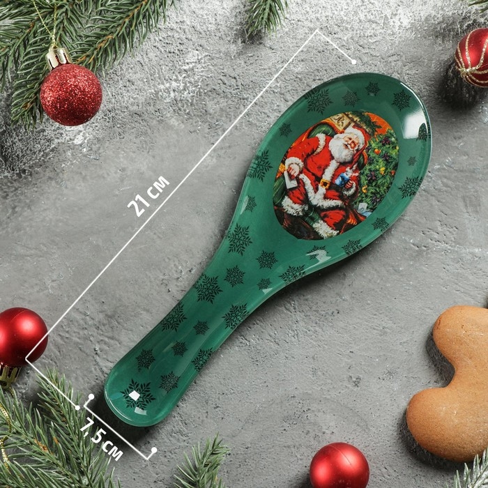 Подставка стеклянная под ложку Доляна «Счастливый Санта», 21×7,5 см, цвет зелёный Подставка стеклянная под ложку Доляна «Счастливый Санта», 21×7,5 см, цвет зелёный