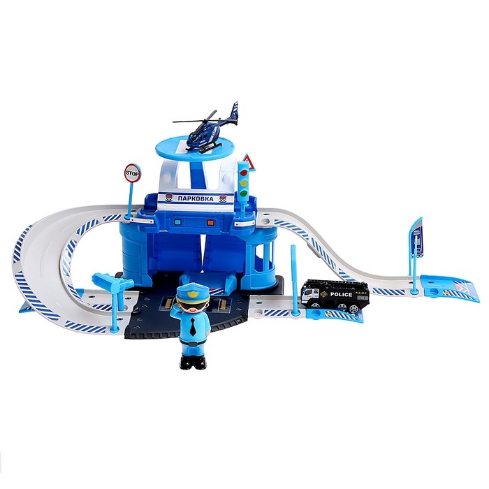 Парковка &laquo;Полицейский участок&raquo;, с металлическими машинкой и вертолётом