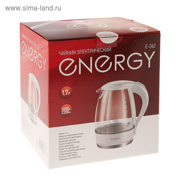 Чайник электрический ENERGY E-262, стекло, 1.7 л, 2200 Вт, белый Чайник электрический ENERGY E-262, стекло, 1.7 л, 2200 Вт, белый