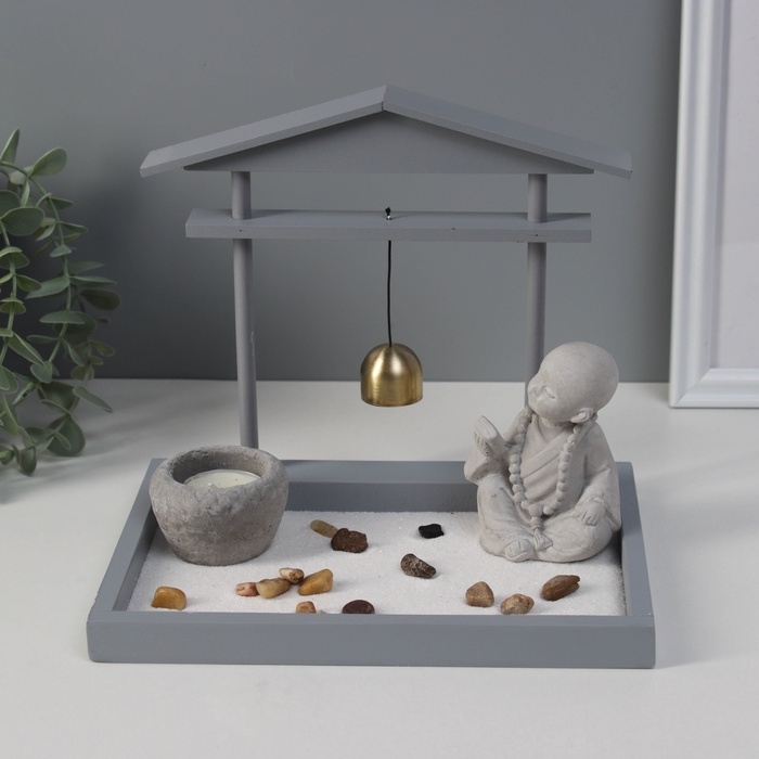 Сад Дзен  Сад Дзен "Маленький Будда в сером" песок+камни+аромапалочка+колокол 16х22х18,5 см