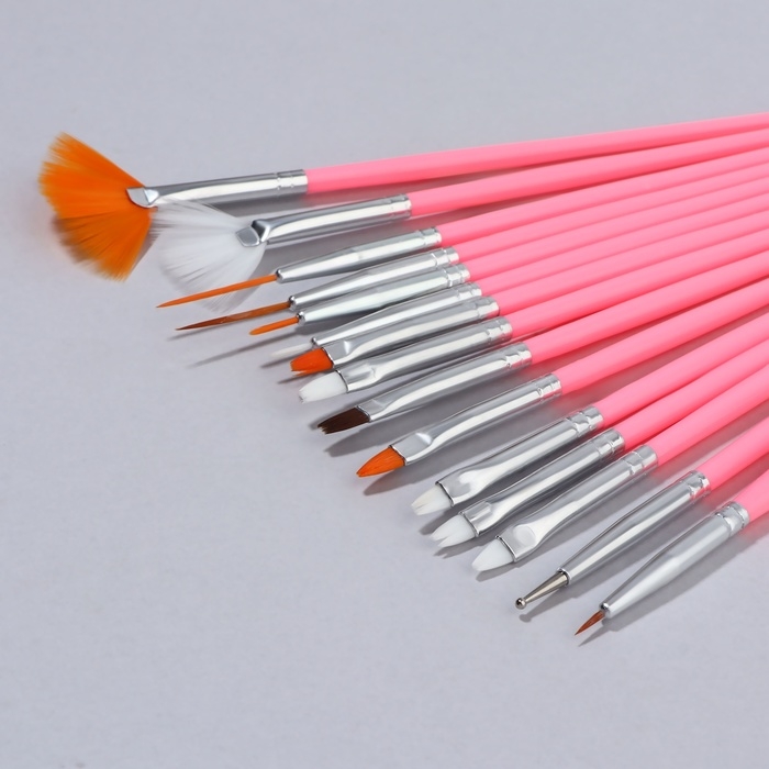 Набор кистей для наращивания и дизайна ногтей, 15 шт, цвет розовый Набор кистей для наращивания и дизайна ногтей, 15 шт, цвет розовый