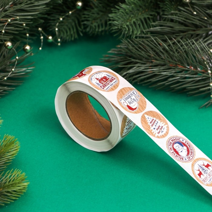 Новый год. Наклейки новогодние в рулоне Новый год. Наклейки новогодние в рулоне "Деревяный стиль", 500 шт, 2,5 х 2,5 см.