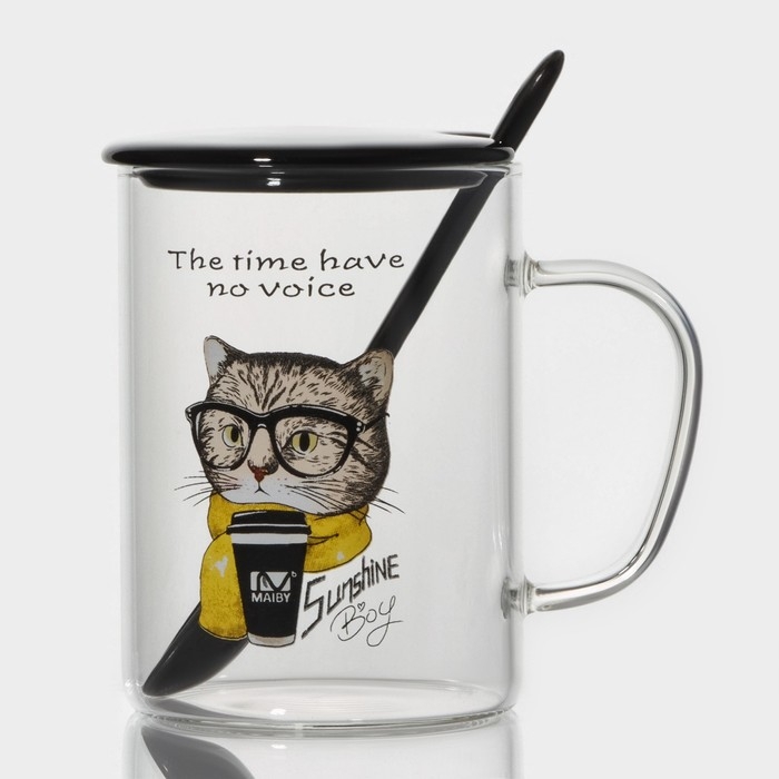 Кружка стеклянная с керамической крышкой и ложкой «Хипстер», 450 мл, рисунок МИКС Кружка стеклянная с керамической крышкой и ложкой «Хипстер», 450 мл, рисунок МИКС