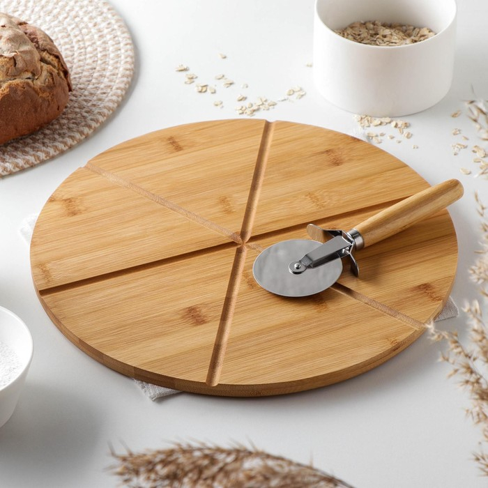 Доска для подачи пиццы Доляна, d=32 см, в комплекте с ножом, бамбук, нержавеющая сталь Доска для подачи пиццы Доляна, d=32 см, в комплекте с ножом, бамбук, нержавеющая сталь