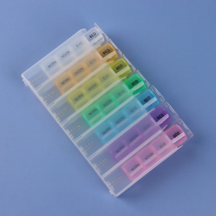 Таблетница - органайзер «Неделька», английские буквы, утро/день/вечер/ночь, 10 × 20 × 3 см, 7 контейнеров по 4 секции, разноцветная Таблетница - органайзер «Неделька», английские буквы, утро/день/вечер/ночь, 10 × 20 × 3 см, 7 контейнеров по 4 секции, разноцветная
