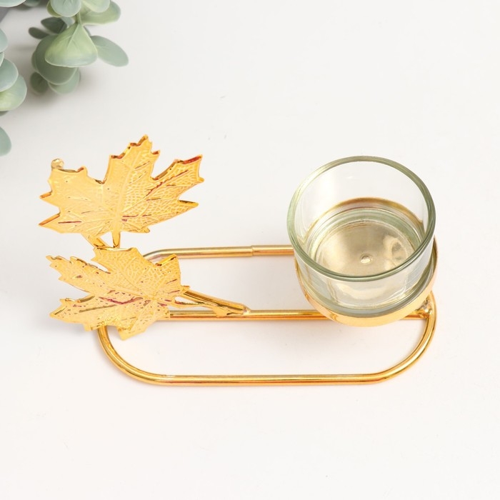 Подсвечник металл на 1 свечу  Подсвечник металл на 1 свечу "Кленовые листья" d=4,5 см золото 5,8х13х13 см
