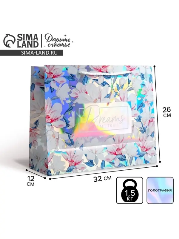 Пакет подарочный голографический, упаковка, Dreams come true, 32&times;26&times;12 см