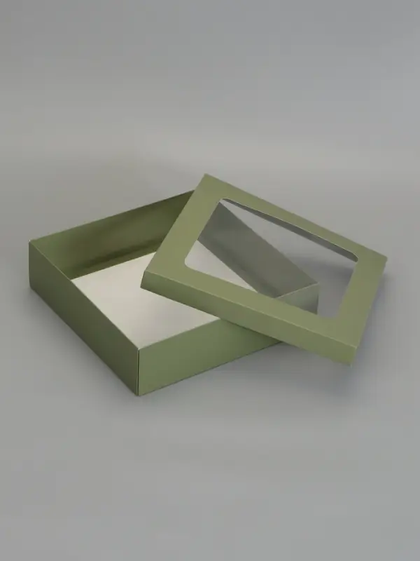 Коробка складная, крышка-дно, оливковый, с окном 30 х 30 х 8 см