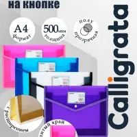 Папка-конверт на кнопке А4, 500 мкр, с расширением, горизонтальная, карман для визиток, МИКС
