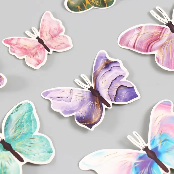 Бабочки картон "Мрамор с золотом" набор 12 шт h=4-10 см