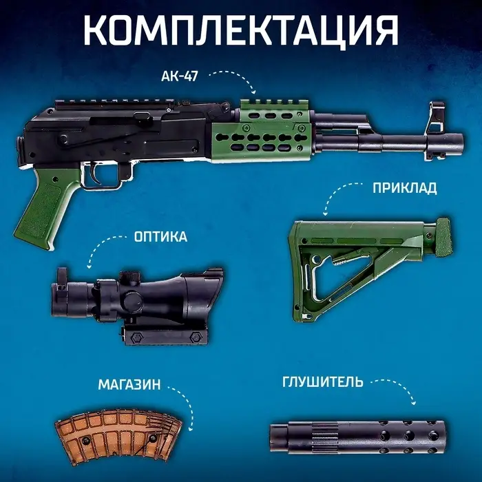 Автомат Калашникова 47, стреляет орбизами 7-8 мм