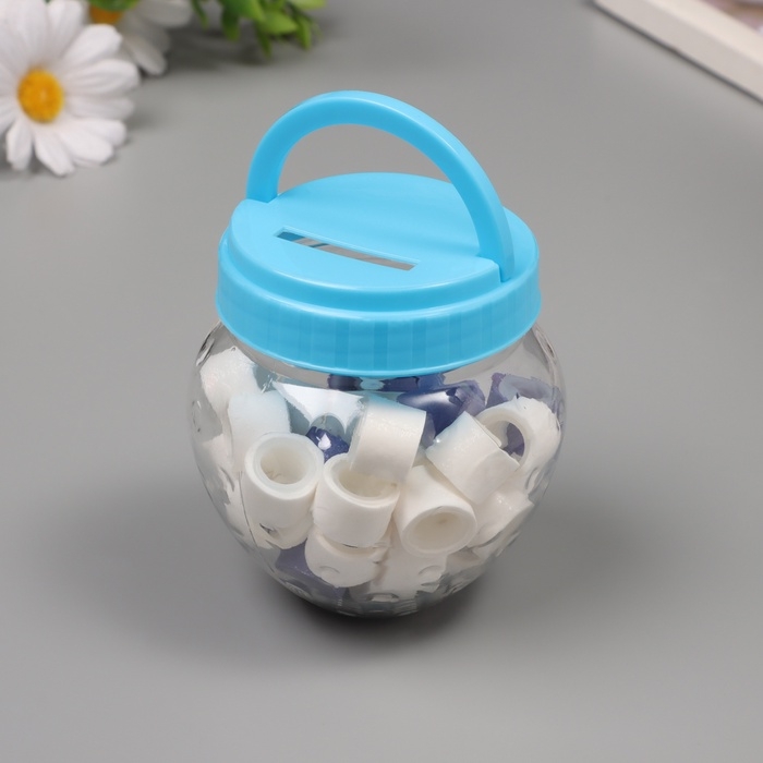 Клейкая лента пластик в банке  Клейкая лента пластик в банке "Белый и фиолетовый" н-р 40 шт 1,2 см, дл. 0,9 м 7х7х9 см