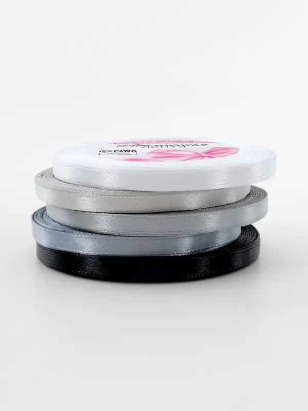 Атласная лента, набор 5 шт., 6 мм, 23&plusmn;1 м, серая, чёрная