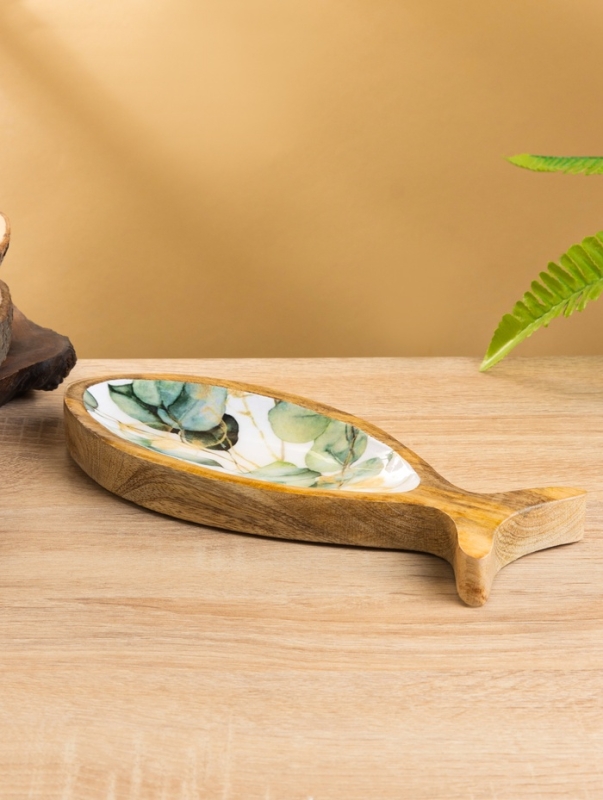 Блюдо в форме рыбки "Листья" дерево манго 25,5х10х2 см