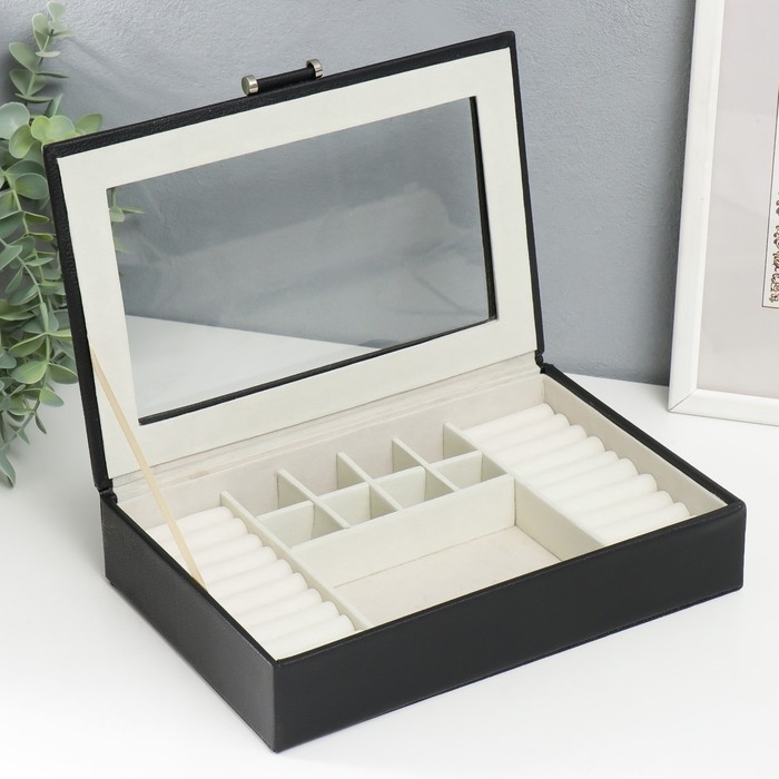 Шкатулка кожзам для украшений  Шкатулка кожзам для украшений "Хэмптонс" чёрная 5,5х27х18 см