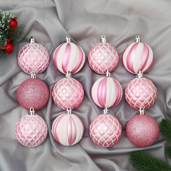 Набор шаров пластик d-6 см, 12 шт Набор шаров пластик d-6 см, 12 шт "Зефир" розовый