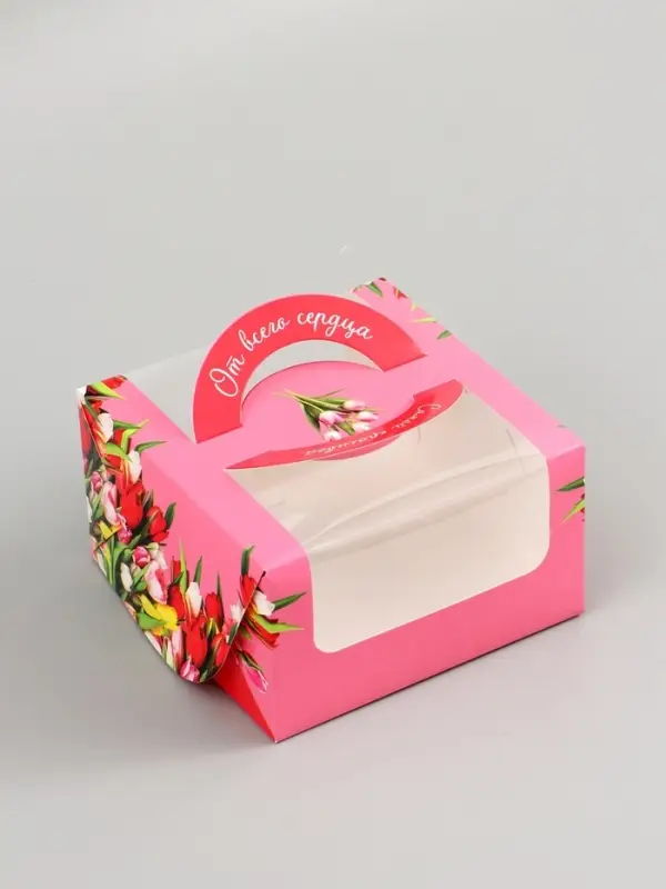 Коробка под бенто - торт с окном &laquo;С 8 марта!&raquo;, 14&times;14&times;8 см