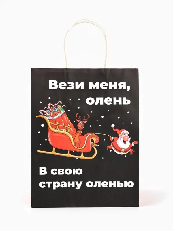 Пакет бумажный подарочный новогодний крафт, &laquo;Вези меня&raquo;, 27&times;21&times;11 см