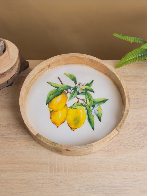 Поднос круглый с бортиками Поднос круглый с бортиками "Лимоны" дерево манго 35х35х6,5 см
