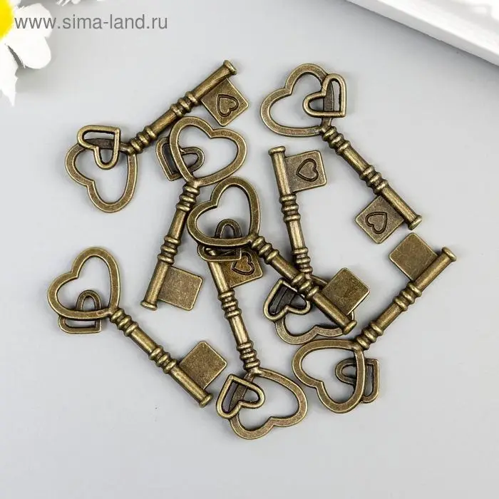 Декоративный элемент для творчества «Арт Узор. Ключ с двойным сердцем», металл под латунь, 4×2 см