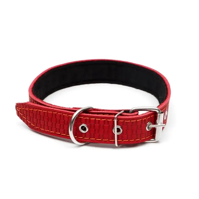 Ошейник кожаный с тиснением на синтепоне, 65&times;3 см, ОШ 40-55 см, красный