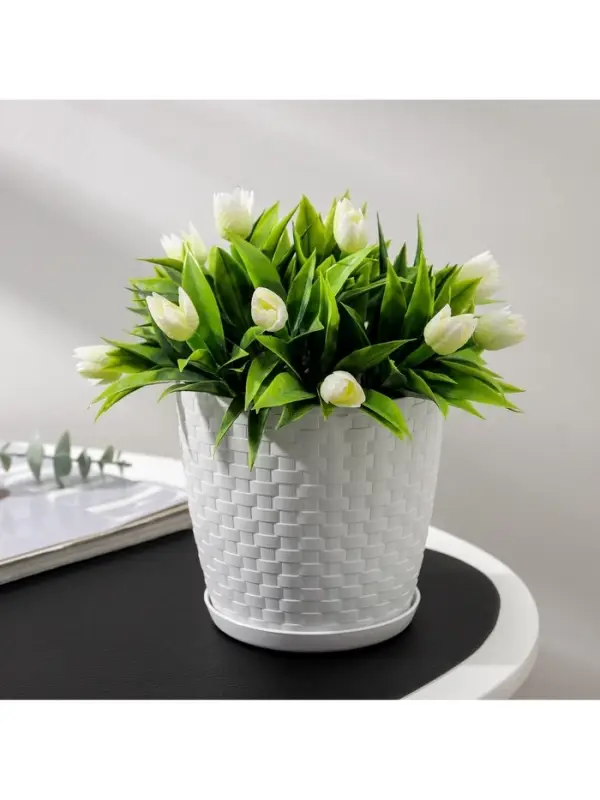 Горшок для цветов с поддоном &laquo;Ротанг&raquo;, 1.2 л, d=13 см, h=12 см, пластиковый, белый