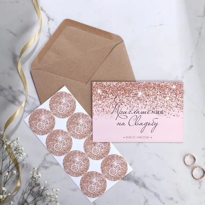 Приглашение на свадьбу в крафтовом конверте «Блестки», 10 х 15 см. Приглашение на свадьбу в крафтовом конверте «Блестки», 10 х 15 см.