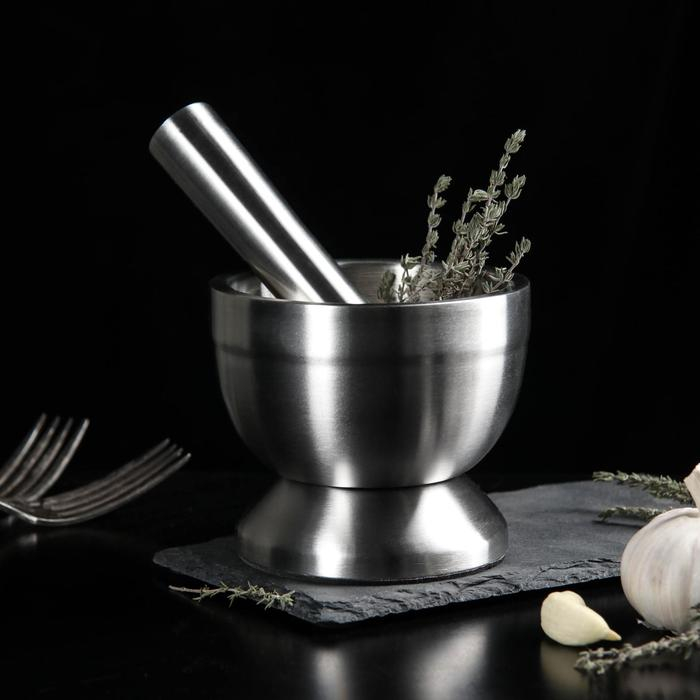 Ступка с толкушкой Доляна Steel, 10 см, нержавеющая сталь Ступка с толкушкой Доляна Steel, 10 см, нержавеющая сталь