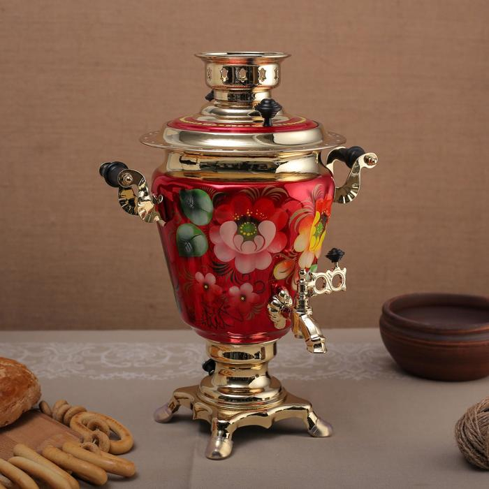 Самовар «Жостово на красном», рюмка, 3 л, электрический Самовар «Жостово на красном», рюмка, 3 л, электрический