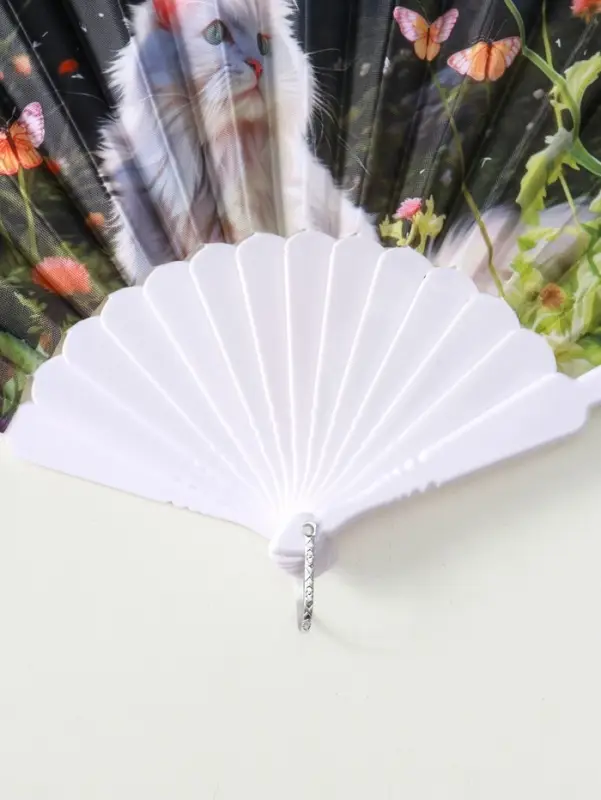 Веер пластик, текстиль Веер пластик, текстиль "Кошечки и цветы" МИКС широкие лопасти 23 см