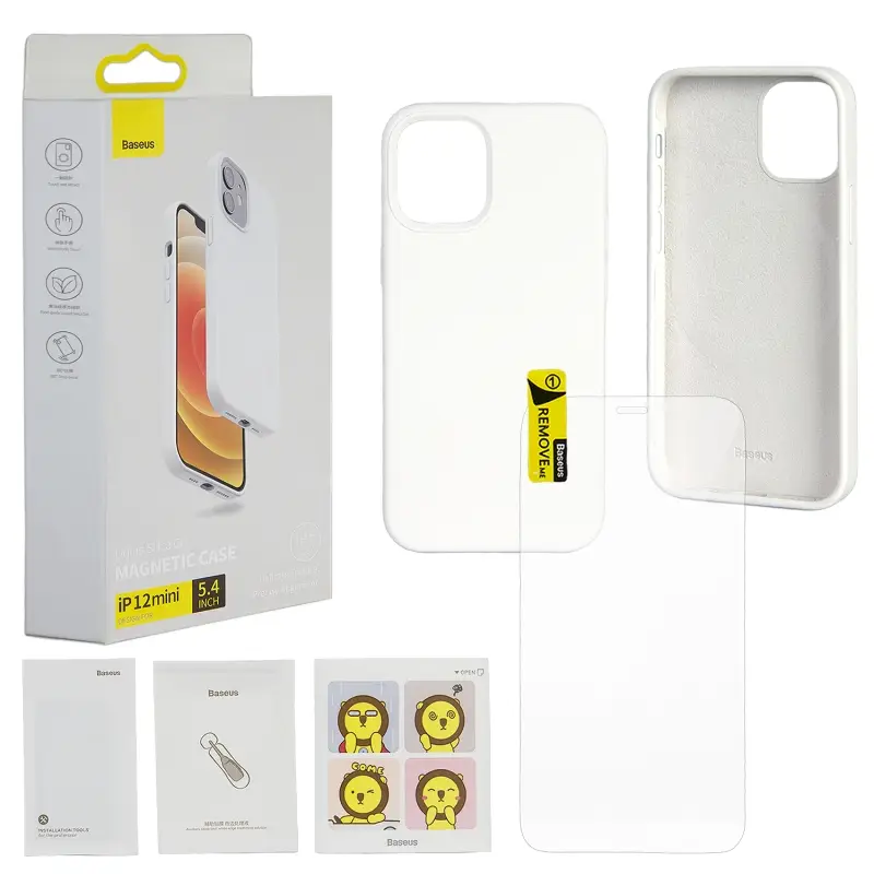Чехол IPH 12 Mini (5.4) Baseus Magnetic Case White + Glass Clear 0.3mm