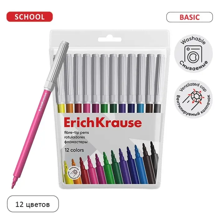 Фломастеры 12 цветов ErichKrause Basic, на водной основ, вентилируемый колпачок