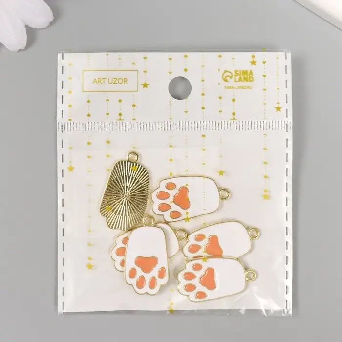 Декор для творчества металл, эмаль "Лапка котика" бело-розовый 2,7х1,5 см