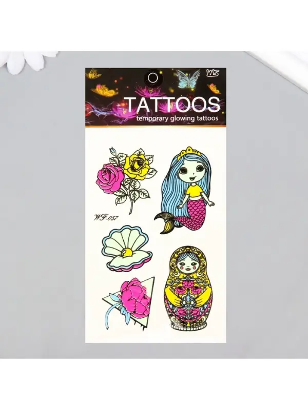 Переводные тату на тело светящиеся цветные «Матрёшка и русалка», 14.3×7.5 см