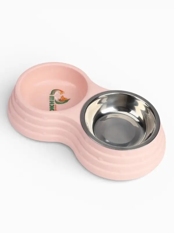Миска двойная, 25&times;14&times;5 см, на пластиковом основании, металл, розовая