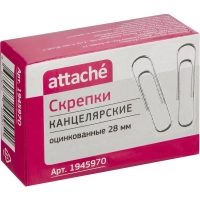 Скрепки Attache оцинкованные 28 мм, негофрированные, 100шт/уп