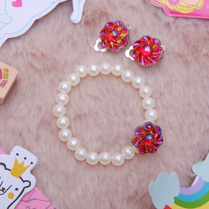 Набор детский 2 предмета: браслет, клипсы, цветок перламутровый, цвета МИКС Набор детский 2 предмета: браслет, клипсы, цветок перламутровый, цвета МИКС