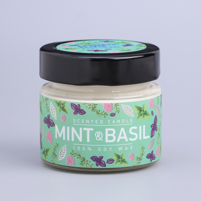 Свеча ароматическая в банке  Свеча ароматическая в банке "Базилик и мята ", совый воск, 80 г
