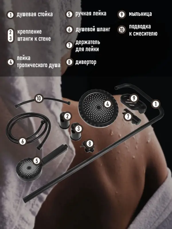 Душевая система ZEIN Z1014, тропическая и ручная лейка, 2 шланга, мыльница, черная