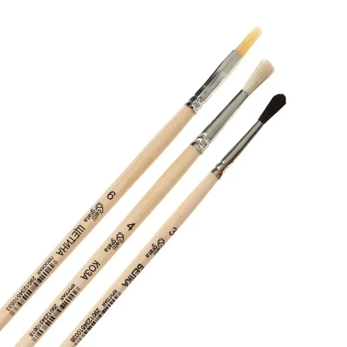 Набор кистей для рисования, белка, коза, щетина, 3 штуки: № 3, № 4 (круглые), № 6 (плоская), Calligrata, круглые, плоская, деревянная ручка, в пакете