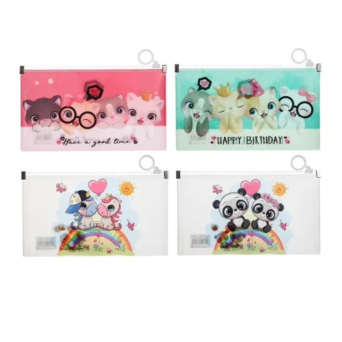 Папка-конверт на молнии формат А65, 180 мкр Папка-конверт на молнии формат А65, 180 мкр "Котики, Панды, Единороги", МИКС